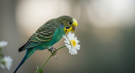 Fototapeta premium Vibrant budgerigar perched on a daisy against a soft background