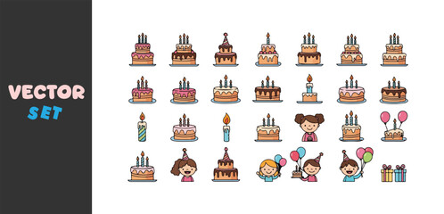 Collection of cartoon birthday cakes and happy characters celebrating
