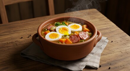 Rustic homemade soup with boiled eggs and sliced sausage, served hot in a bowl, comforting traditional meal