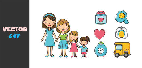 Happy diverse family and school icons illustration