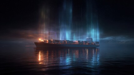 Majestic Container Ship Sailing Under Vibrant Aurora Borealis Lights Over Calm Water at Night in a Mystical Atmosphere