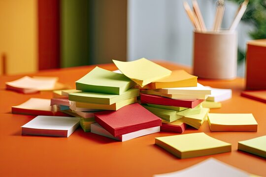 A close-up of a messy pile of sticky notes on a bright orange surface