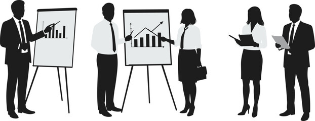 Business people silhouettes presenting charts, analyzing growth data, and discussing corporate strategies in professional office teamwork