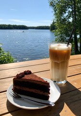 Delicious slice of chocolate cake served with a glass of creamy latte coffee on a wooden table by the lake, relaxing outdoor café vibes on a beautiful summer day