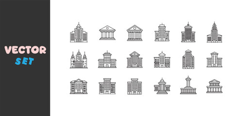 Collection of hand drawn architectural building icons in black and white