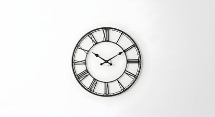 A classic round wall clock featuring Roman numerals for the hour markers and a black frame on a white background