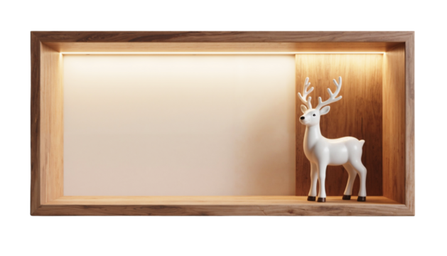 Wooden shelf niche with decorative white reindeer and light. Copy space. Isolator