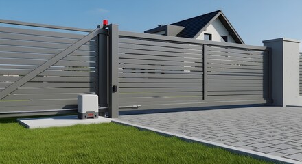 Fototapeta premium Modern Sliding Gate with Automatic Opener | Gray Metal Design for Residential Security and Home Automation