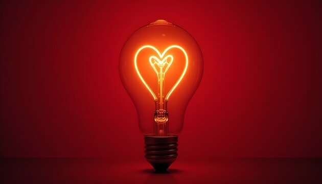 A light bulb with a heart shaped filament glows warmly against a deep red background