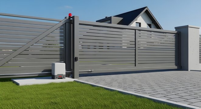 Modern Sliding Gate with Automatic Opener | Gray Metal Design for Residential Security and Home Automation