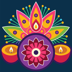 Vibrant diwali illumination featuring a lotus mandala and diyas celebrating the festival of lights traditional indian holiday decor