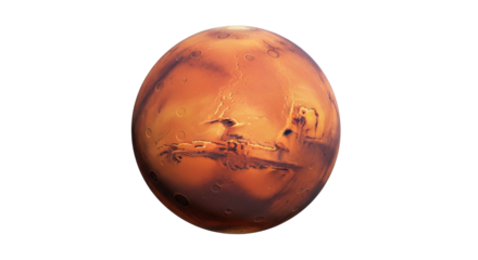 Isolated depiction of the planet Mars, detailed planetary surface with craters and canyons
