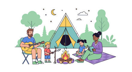 Fototapeta premium Family Camping Trip Illustration with Tent Campfire Guitar and Forest Backdrop.
