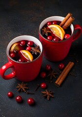 Traditional Christmas mulled wine served in festive red mugs with cranberries, orange slices, and warming spices, cozy winter holiday drink on dark stone background with copy space for seasonal celebr