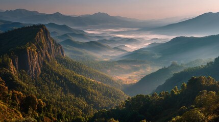 Mountain range landscape with morning mist