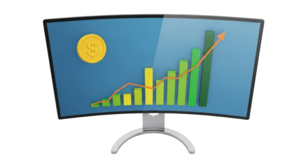 Isolated monitor shows bar graph and coin indicating a financial investment increase success