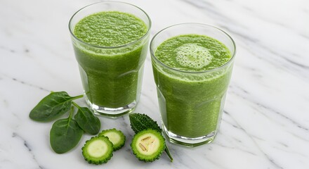 Top view of fresh spinach and bitter gourd smoothies in glass cups, healthy green detox drinks rich in nutrients, perfect for fitness, clean eating, and adopting healthy food habits for wellness