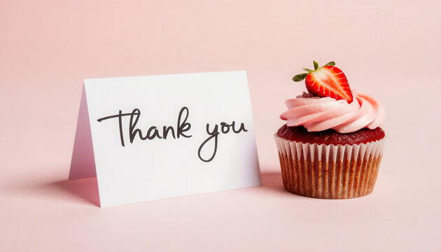 Handwritten "Thank you" card beside a a delicious strawberry cupcake, soft dusty pink pastel background. Minimalist still life. Greeting concept.