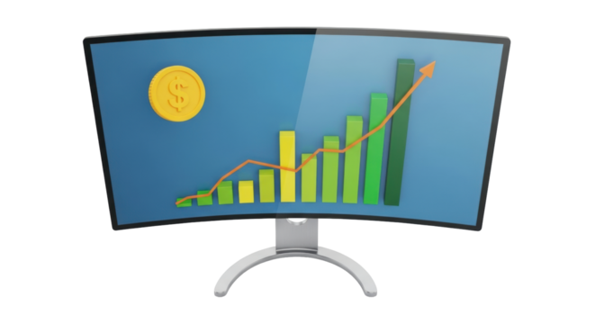 Isolated monitor shows bar graph and coin indicating a financial investment increase success