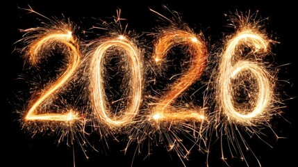 Sparkling Number 2026 Created with Fireworks Display on Dark Background Signifying New Year Celebration and Festivities Ahead