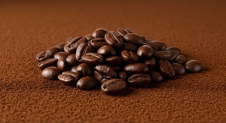 An overhead shot of roasted coffee beans resting on rich ground coffee powder, aromatic texture symbolizing freshness, energy, café culture, and the essence of authentic coffee making traditions