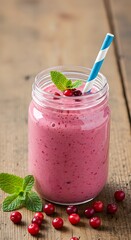 Pink smoothie with wild cranberries served in a mason jar with fresh mint and straw, placed on rustic wooden background, refreshing healthy drink full of vitamins and natural flavor