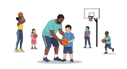 Basketball Training Session with Coach and Young Players on Court.