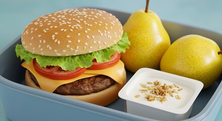 Healthy lunch box with homemade burgers, fresh pears, and creamy yogurt, balanced meal option with nutritious ingredients, convenient food packed for school, work, or outdoor lifestyle