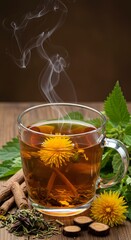 Herbal tea made from medicinal plants, natural detox beverage used in alternative medicine, healthy drink with healing properties, soothing aroma, promoting wellness, balance, and traditional holistic