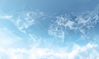 Digital depiction of Earth's continents as interconnected nodes against a serene, cloudy blue sky