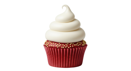 Isolated red velvet cupcake with vanilla cream swirl frosting, a sweet dessert treat