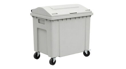 Gray plastic outdoor dumpster on wheels isolated on white background, perfect for waste management