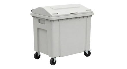 Gray plastic outdoor dumpster on wheels isolated on white background, perfect for waste management