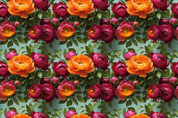 Lush, seamless floral pattern featuring bold peonies, ranunculus, and vibrant green foliage. Versatile background for textiles, packaging, apparel, cards, and branding design
