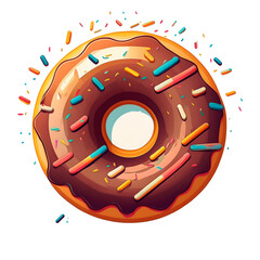 Obraz premium Vibrant chocolate donut with colorful sprinkles and frosting, isolated on a black background.