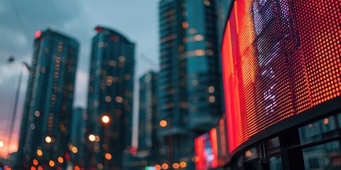 A close-up of a red, pixelated, curved electronic display with blurred city skyscrapers