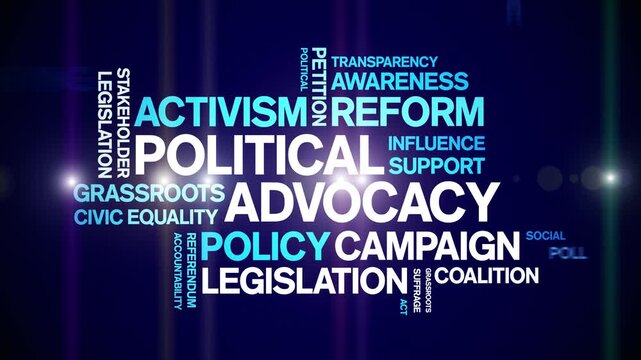 Political Advocacy animated word cloud-text design animation tag kinetic typography seamless loop.