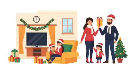 Happy Family Celebrating Christmas Holiday with Gifts and Festive Decorations.