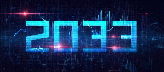 Futuristic digital composition displays the year 2033 in bold, glowing blue against a dark background