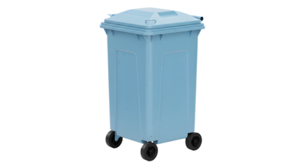 Blue outdoor plastic wheeled trash bin isolated on white background, perfect for waste disposal and recycling