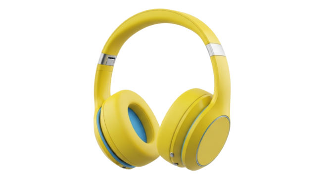 Isolated yellow over-ear headphones featuring metal accents, providing crisp audio and comfort