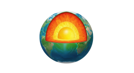 Isolated earth layers inside a globe showing crust, mantle, outer and inner core formation