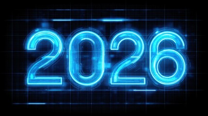 Neon futuristic number two thousand twenty-six glowing against a digital grid background showcasing modern design and technological advancement