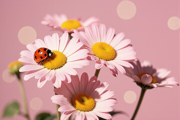 Fototapeta premium Pink daisies with ladybug against soft pastel background.
