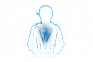 Human silhouette energy hologram, showing futuristic technology and digital soul concept on transparent background