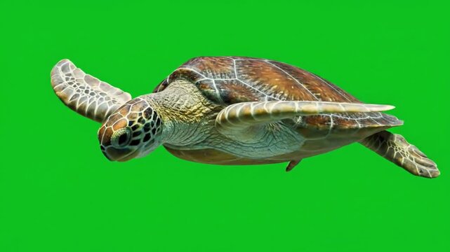 Majestic Sea Turtle (Chelonioidea) Swimming Underwater on Green Screen for Easy Chroma Keying and VFX Compositing of Endangered Marine Reptile and Ocean Wildlife. 