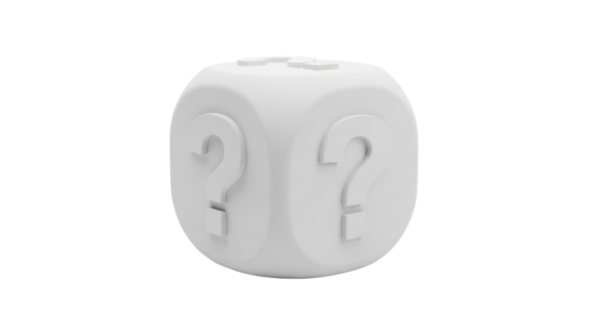 Isolated cube with question marks, 3D rendering for decision making, learning concepts