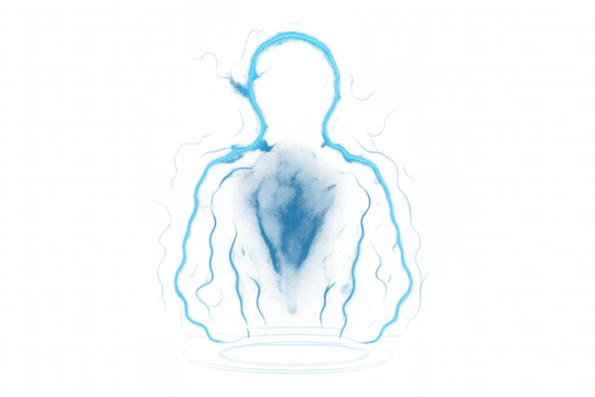 Human silhouette energy hologram, showing futuristic technology and digital soul concept on transparent background