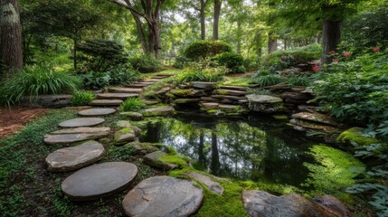 Tranquil Garden Oasis with Stone Pathway Leading to Serene Reflective Pond Surrounded by Lush Greenery and Vibrant Flowers in Peaceful Natural Setting