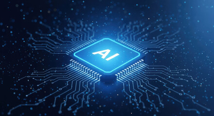 Advanced Artificial Intelligence Microchip with Glowing AI Text and Intricate Circuitry on Dark Blue Background, Representing Cutting-Edge Technology and Innovation